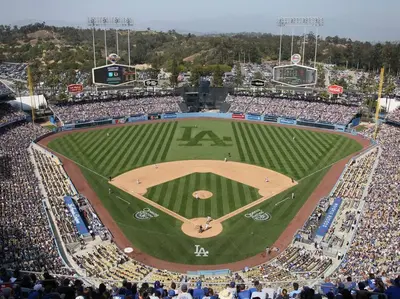 an aerial view of a baseball stadium with a crowd at Lovely 2bedroom condo with free parking on premise in Los Angeles