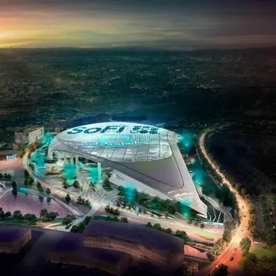 an overhead view of a soccer stadium at night at Lovely 2bedroom condo with free parking on premise in Los Angeles