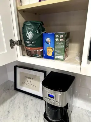 a shelf with a coffee maker and a box on it at Luxury 1BR Malibu Bungalow on PCH + steps from Beach! in Malibu