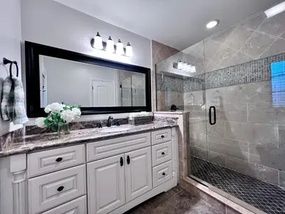 a bathroom with a sink and a shower at Destination #28 in Anaheim