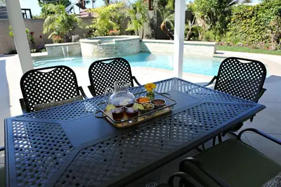 a table with a tray of food on it at Destination #33 in Orange