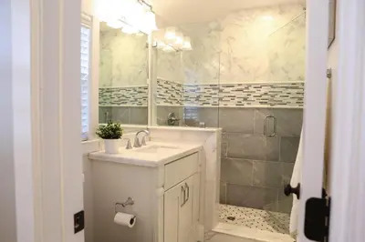 a bathroom with a sink and a shower at Destination #35 in Anaheim