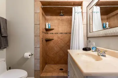 a bathroom with a shower with a sink and a toilet at Downtown Culver City House w/ Backyard, AC & Garage in Los Angeles
