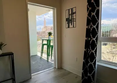 a room with a view of a table and a window at Century City Chic 4 sleep free parking 402 in Los Angeles