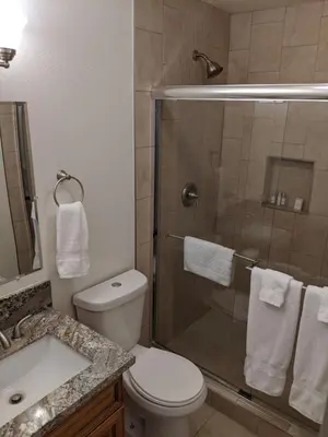 a bathroom with a shower with a toilet and a sink at “The Grey Haven” – Secluded home in the woods in Lake Arrowhead