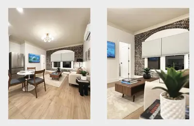 two views of a living room and a dining room at New York Style 1bed 1bath West Hollywood in Los Angeles