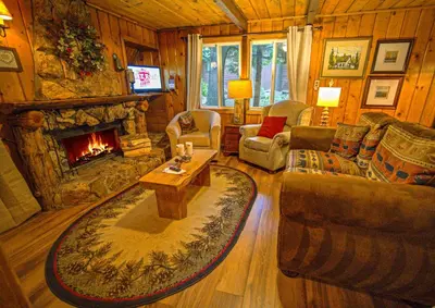 a living room with a couch and a fireplace at Arrowhead Pine Rose Cabins in Twin Peaks