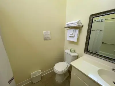 a bathroom with a toilet and a sink and a mirror at Hotel Pacific Garden in Gardena