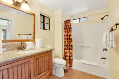 a bathroom with a sink and a toilet and a shower at Fawnskin Chalet#1826 in Fawnskin