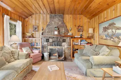 a living room with two couches and a fireplace at Pinglewood cabin #2096 in Fawnskin