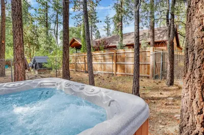 a jacuzzi tub in the middle of a forest at All season alpine retreat #1184 in Big Bear Lake
