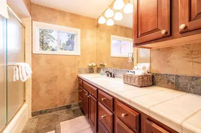 a bathroom with a sink and a shower at The grand chalet #1989 in Big Bear Lake