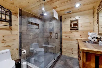 a bathroom with a shower and a sink at Top Notch Lodge#2056 in Big Bear Lake