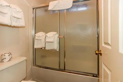 a bathroom with a shower with a toilet and towels at Cienega getaway #1952 in Big Bear Lake