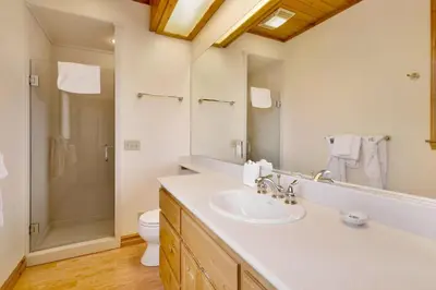 a bathroom with a sink and a shower and a toilet at Starlight vistas #1524 in Big Bear Lake
