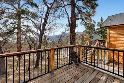 a dog sitting on a wooden deck looking at the trees at Starlight vistas #1524 in Big Bear Lake