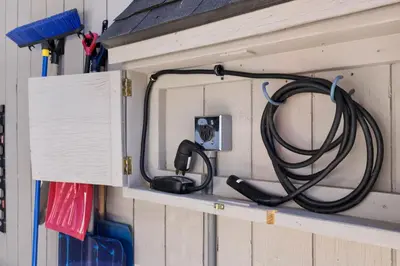 a black hose is hooked up to a socket at Chimney Peak Chalet#2048 in Big Bear City