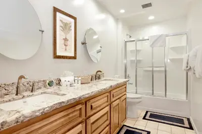 a bathroom with a shower and a sink and a toilet at A hidden asset #2379 in Big Bear Lake