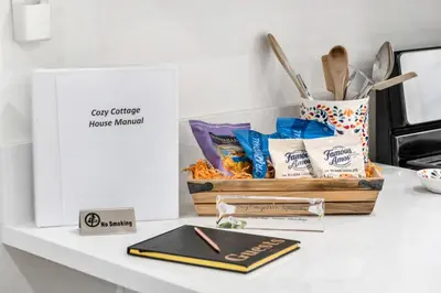 a counter with a shelf with a box of food at Cozy Cottage, Brand New, fully Private, walk to Everything in Thousand Oaks