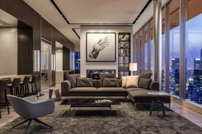a living room with a couch and a table at Epitome of Luxury Condo in DTLA in Los Angeles