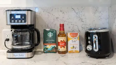 a kitchen counter with a coffee maker and a blender at A-Lister by AvantStay Hollywood Hills Luxe Group Escape w Pool in Los Angeles