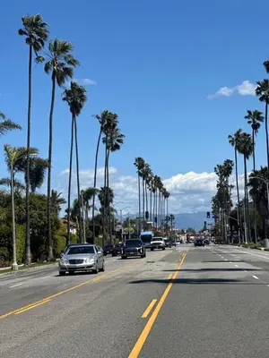 a street with cars driving down a street with palm trees at Spacious,2Queen beds, free parking, pool&gym and central location in Marina del Rey