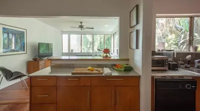 a kitchen with wooden cabinets and a counter top at Silver Lake Mid-century Nestled in the Treetops in Los Angeles