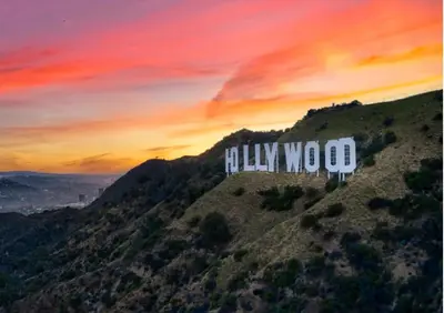 a painting of a hollywood sign on top of a hill at Hollywood Penthouse with Balcony & Pool View in Los Angeles