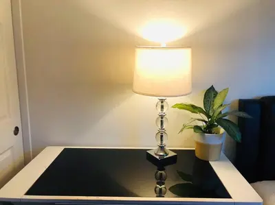 a lamp sitting on a table with a potted plant at Bella's sweet house 5608 in Eastvale