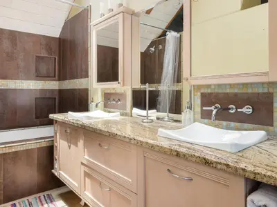 a bathroom with two sinks and a large mirror at El Segundo Beach 5B4b Home, POOL Hot Tub, BEACHES, Local Town! in El Segundo