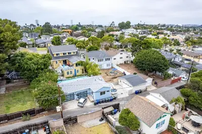 an aerial view of a town with houses at NEW BEACH Pool Home, New Industrial OCEAN Vibe, Hot Tub, Pool, Views in El Segundo