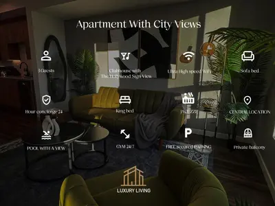 a living room with a couch and a table with various furniture at Luxurious Hollywood Home City View - Free Parking 10mins to Universal Studios in Los Angeles