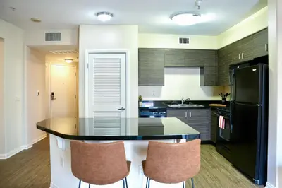 a kitchen with a black counter top and a black refrigerator at Los Angeles Suite LACMA in Los Angeles