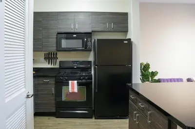 a kitchen with a black refrigerator and a microwave at Los Angeles Suite LACMA in Los Angeles