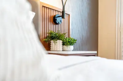 a bedroom with two potted plants on a shelf at LYFE INN & SUITES by AGA - Beverly Hills in Los Angeles