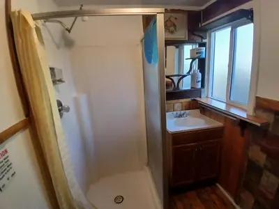 a bathroom with a shower and a sink at Big Bear Lake - Tulip Lane Cabin #21 in Big Bear Lake