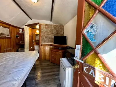 a bedroom with a bed and a tv in a room at Big Bear Lake - Tulip Lane Cabin #23 - Micro Cabin in Big Bear Lake