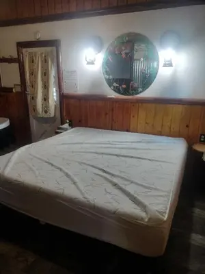 a bed in a bedroom with a mirror on the wall at Big Bear Lake - Tulip Lane Cabin #24 in Big Bear Lake