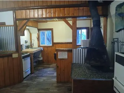 a kitchen with wooden walls and a stove top oven at Big Bear Lake - Tulip Lane Cabin #24 in Big Bear Lake