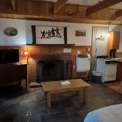 a living room with a fireplace and a table at Big Bear Lake - Tulip Lane Cabin #26 in Big Bear Lake