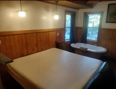 a bedroom with a bed and a tub and a sink at Big Bear Lake - Tulip Lane Cabin #26 in Big Bear Lake