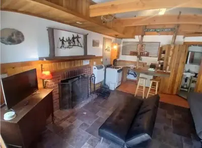 a living room with a couch and a fireplace at Big Bear Lake - Tulip Lane Cabin #26 in Big Bear Lake