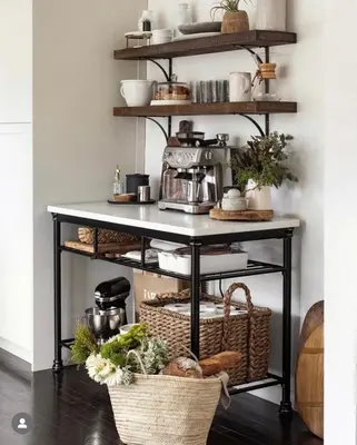 a kitchen shelf with baskets and a coffee maker on it at Zen Treehouse Retreat-Great Views & Peaceful Decks in Los Angeles