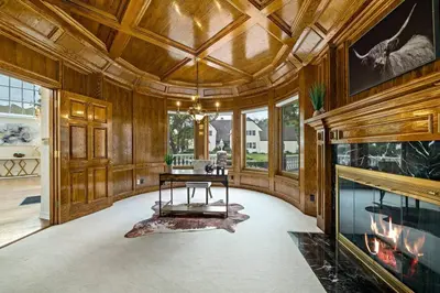 a large room with a wooden ceiling and a table at Luxury Oasis With Panoramic Views in Anaheim