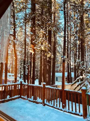 a wooden fence in the snow in a forest at Château Bouli - 4 Season Escape and Games Room in Big Bear Lake