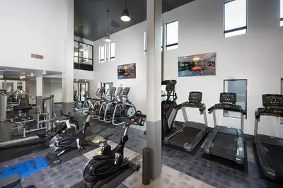 a gym with several treadmills and elliptical machines at Gorgeous studio steps from The Groove in Los Angeles