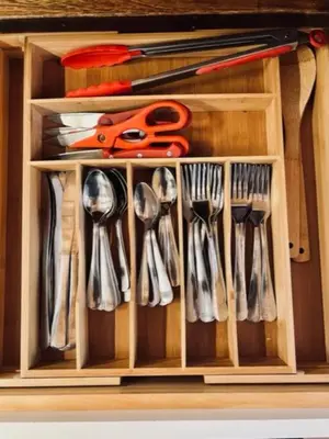 a wooden box with scissors and other utensils at Family-friendly, AC, Hot Tub, Walk 2 Park & Lake in Big Bear Lake