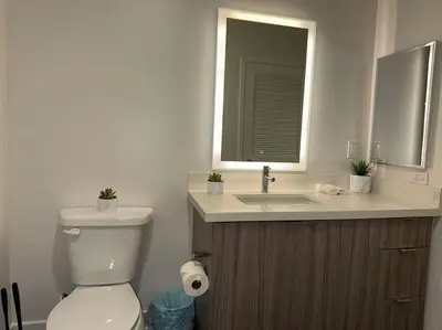 a bathroom with a toilet and a sink with a mirror at Stylish and Elegant apartment in Glendale