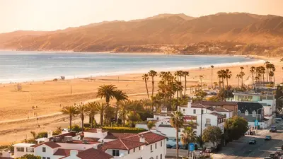 an aerial view of a beach with palm trees and houses at Coastal Comfort Homestay in Santa Monica in Los Angeles
