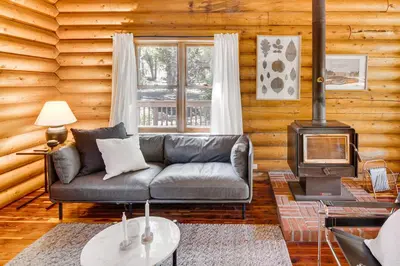 a living room with a couch and a stove at Community Pool Modern Cabin in Pine Mountain Club in Pine Mountain Club
